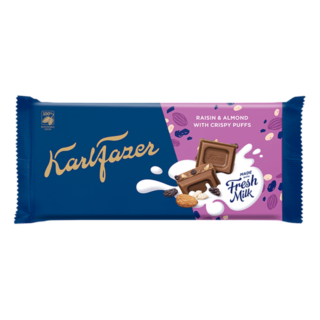 Karl Fazer rusinaa, mantelia ja venhnäpuffeja suklaalevy 143g - Fazer Store
