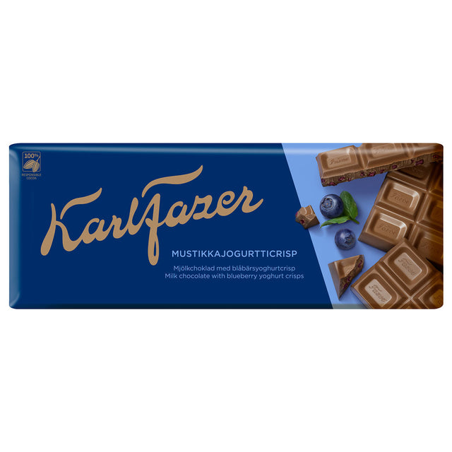 Karl Fazer Mustikkajogurtticrispejä ja maitosuklaata 190 g - Fazer Store FI