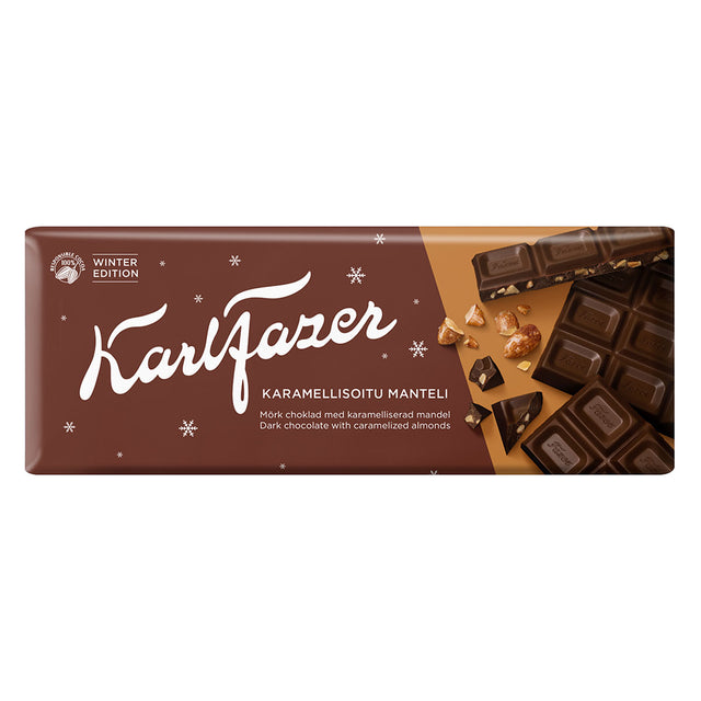 Karl Fazer Karamellisoitu Manteli Tumma Suklaa Winter edition suklaalevy 200 g - Fazer Store