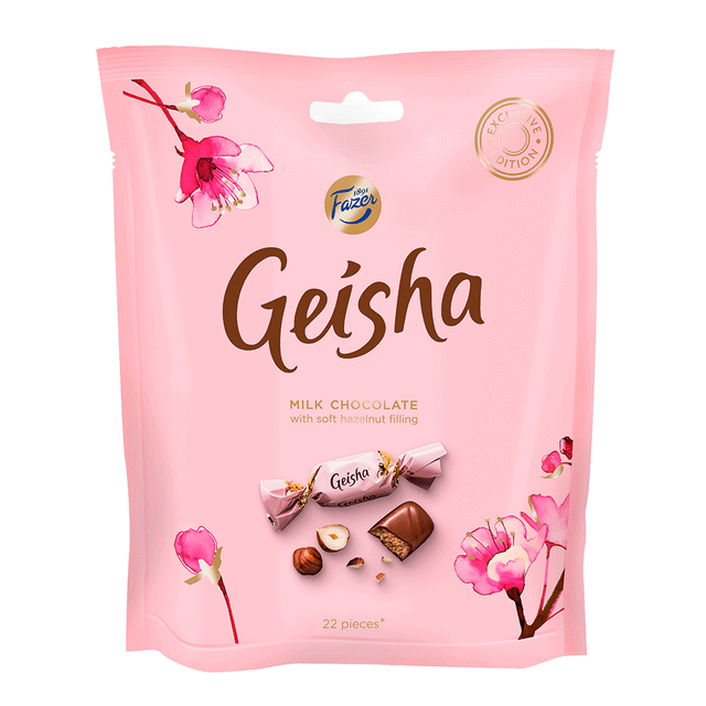 Geisha Maitosuklaakonvehteja hasselpähkinänougattäytteellä 160 g - Fazer Store
