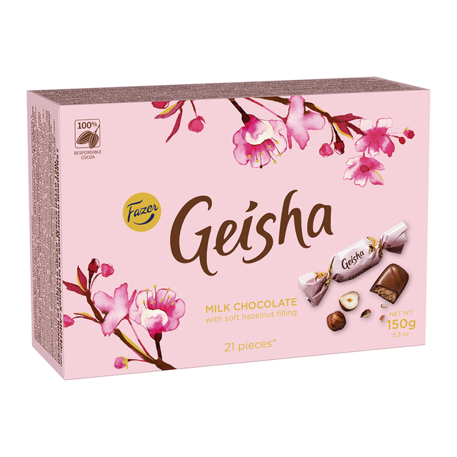 Geisha hasselpähkinänougat suklaakonvehti 150 g - Fazer Store