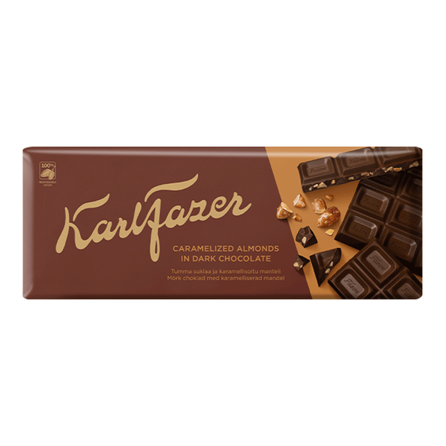 Karl Fazer karamellisoitu manteli tumma suklaa 200g suklaalevy - Fazer Store
